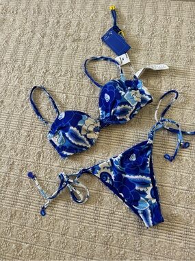 Farm Rio X Rip Curl Groove Balconette + Tie Side Blue Floral Bikini Set BNWT SML